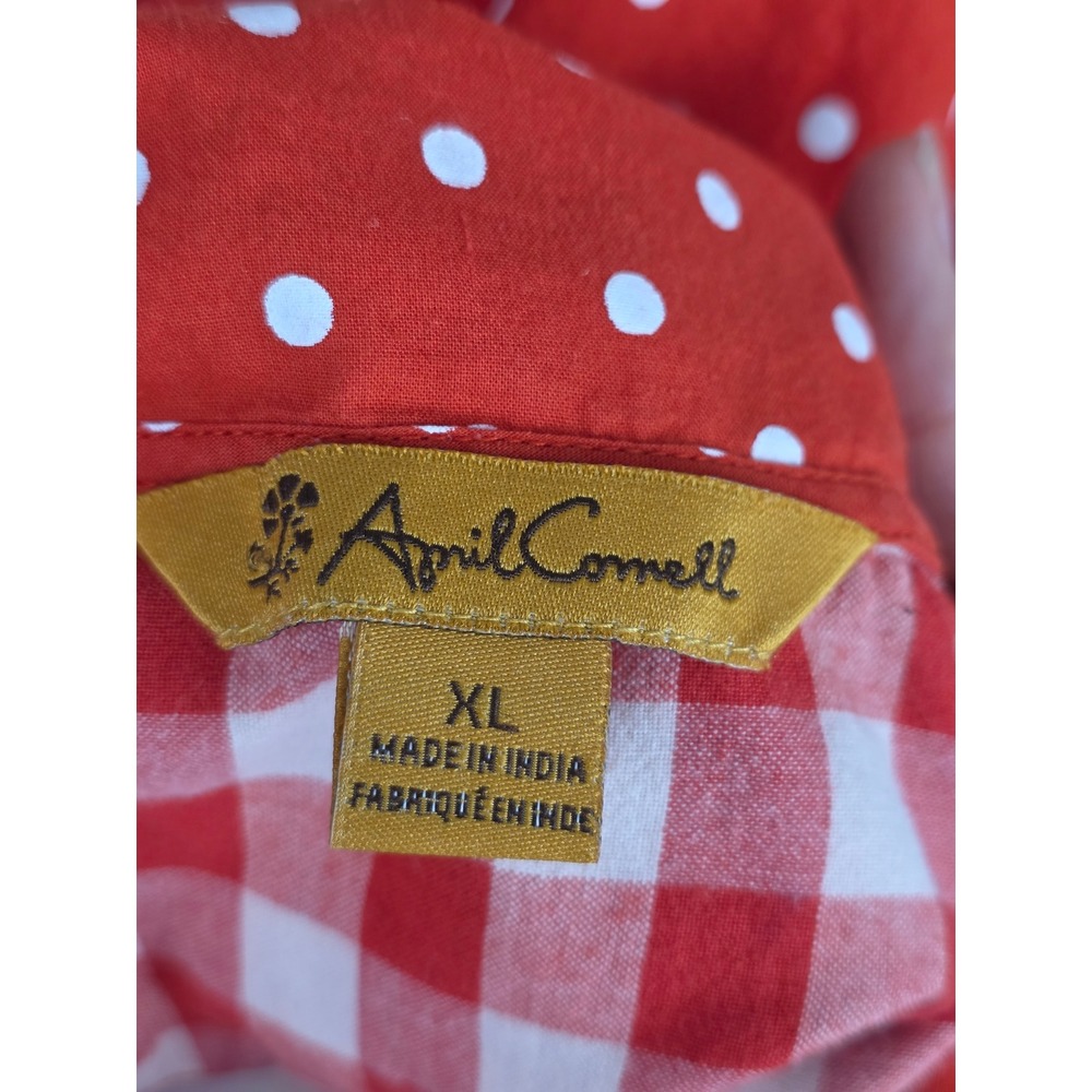 April Cornell Red Polka Dot Cotton Midi Dress XL Sleeveless Lace Trim Pockets - Picture 8 of 9